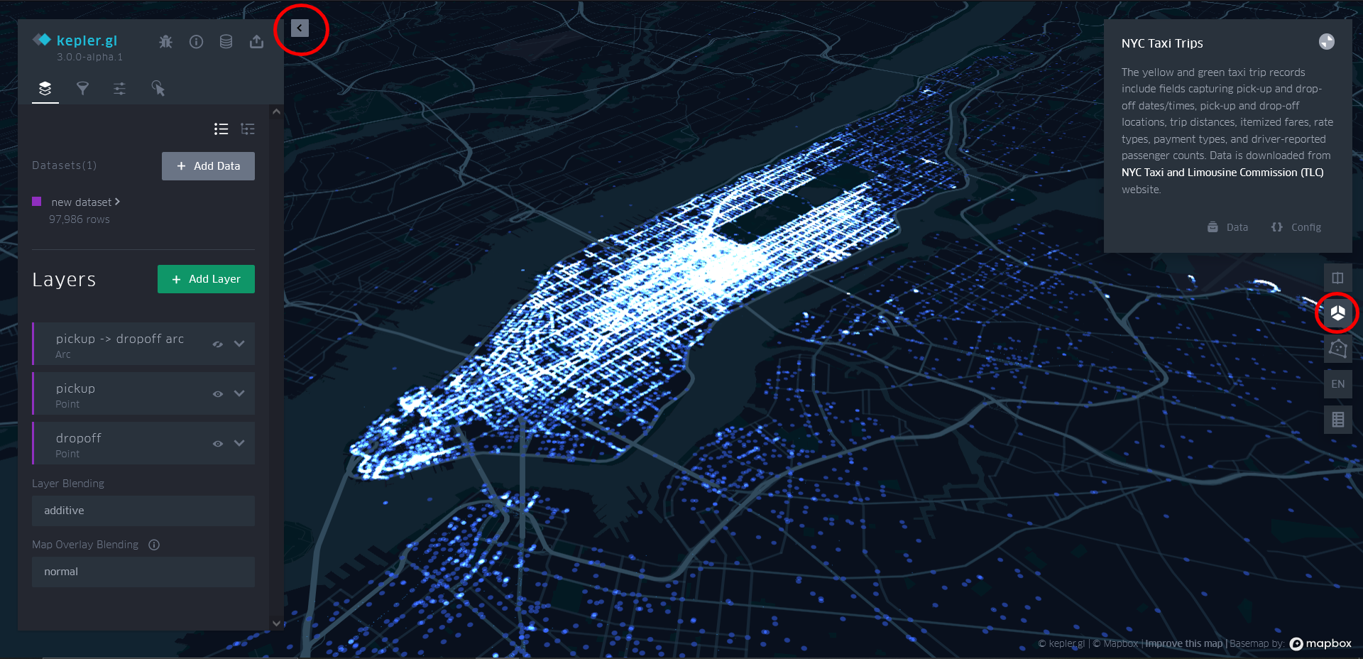 Kepler map of NYC showing how to hide the control panel and make the map 3D