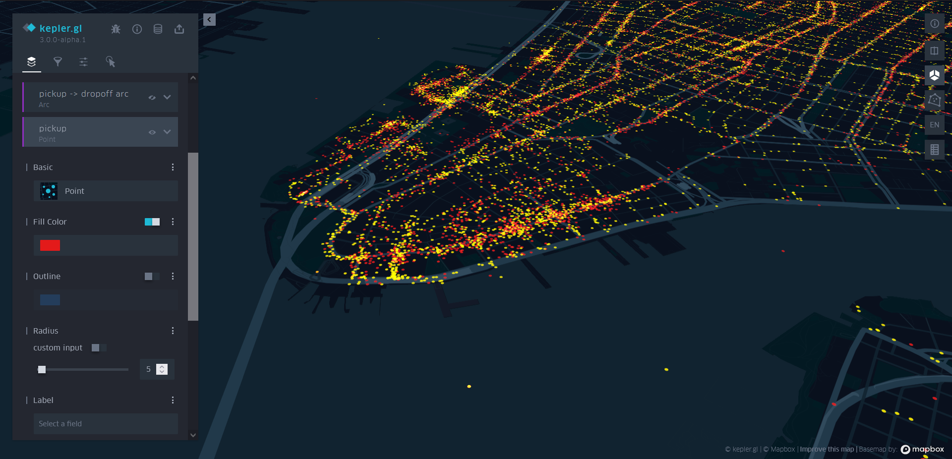 Map of trip start and end points in NYC mapped together, each in their own color